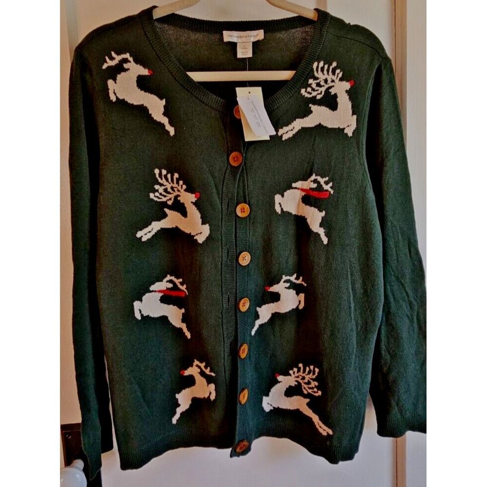 NWT Christopher & banks reideer cardigan‎ sweater green woman Sz L